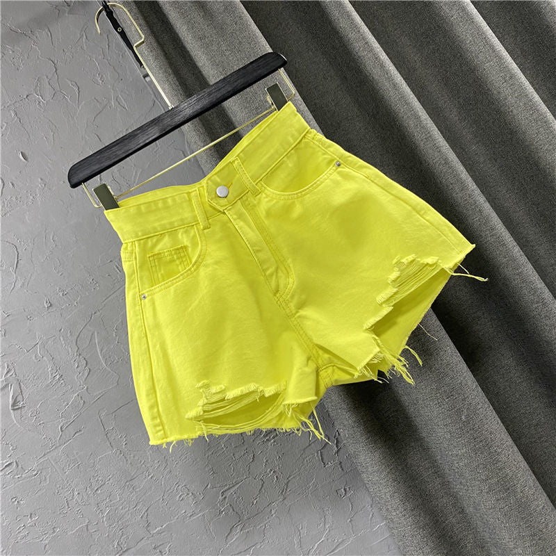 best Summer New Style Korean Wide Leg Pants Candy Color Ripped Denim Shorts Female High Waist Green A-line Hot Shorts Pants 0 shop online at M2K Trends for