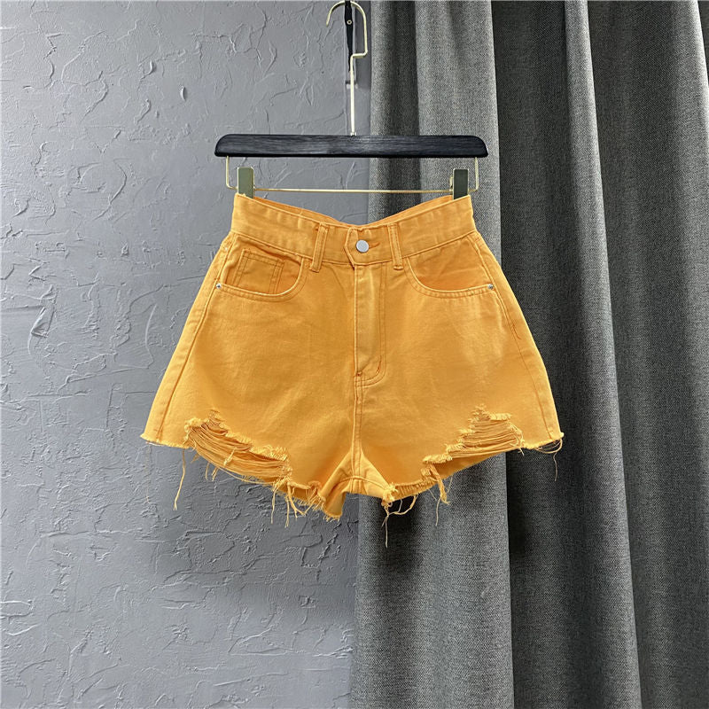 best Summer New Style Korean Wide Leg Pants Candy Color Ripped Denim Shorts Female High Waist Green A-line Hot Shorts Pants 0 shop online at M2K Trends for