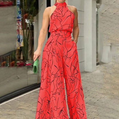 best Summer Sexy Halterneck Bodycon Sleeveless High Jumpsuit 2022 Women Abstract Print Jumpsuit Chic Streetwear Wide Leg Romper Mujer 0 shop online at M2K Trends for