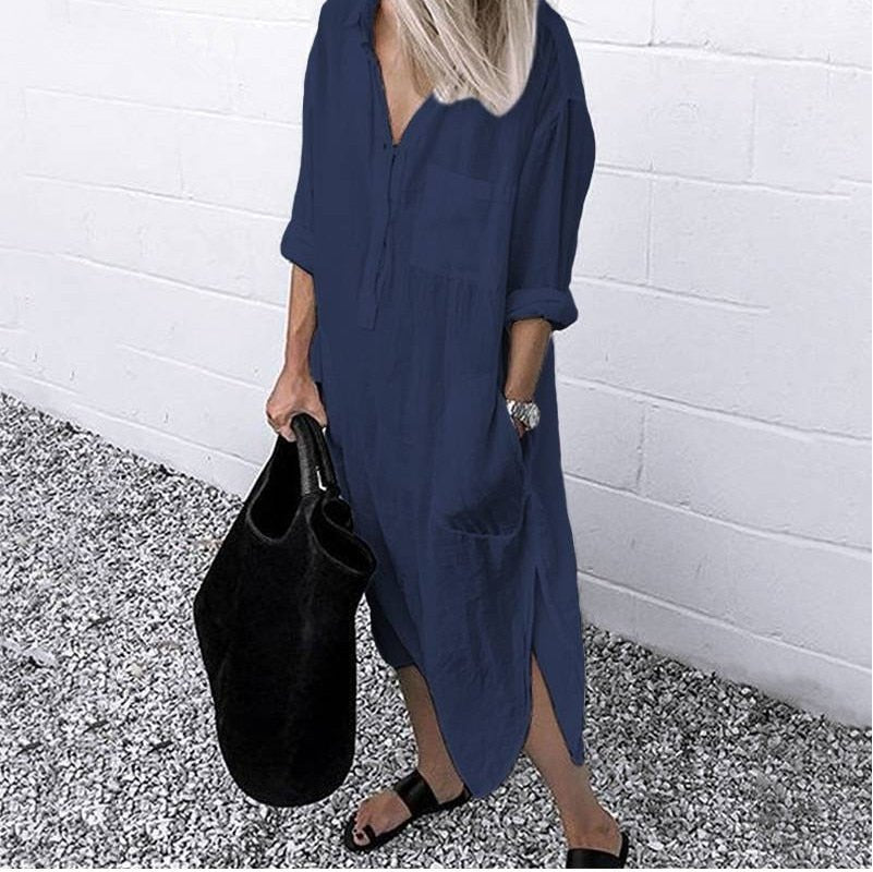 best Summer Shirt Long Dress Women Casual Long Sleeve Side Split Button Dresses 2023 Female Elegant Solid Color Pocket Loose Dresses 0 shop online at M2K Trends for