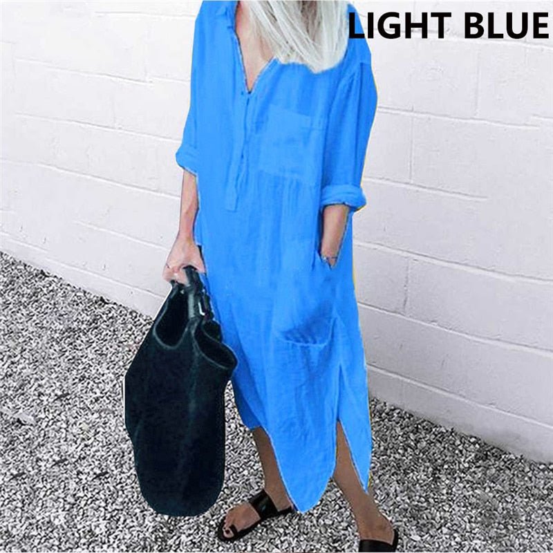best Summer Shirt Long Dress Women Casual Long Sleeve Side Split Button Dresses 2023 Female Elegant Solid Color Pocket Loose Dresses 0 shop online at M2K Trends for