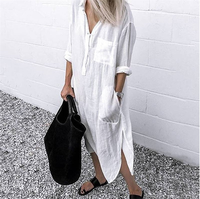 best Summer Shirt Long Dress Women Casual Long Sleeve Side Split Button Dresses 2023 Female Elegant Solid Color Pocket Loose Dresses 0 shop online at M2K Trends for