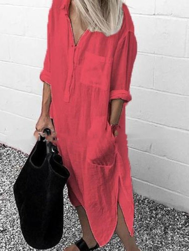 best Summer Shirt Long Dress Women Casual Long Sleeve Side Split Button Dresses 2023 Female Elegant Solid Color Pocket Loose Dresses 0 shop online at M2K Trends for