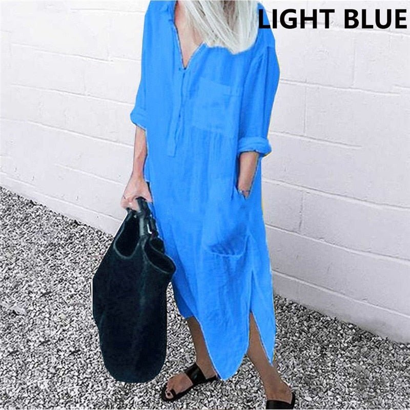 best Summer Shirt Long Dress Women Casual Long Sleeve Side Split Button Dresses 2023 Female Elegant Solid Color Pocket Loose Dresses 0 shop online at M2K Trends for