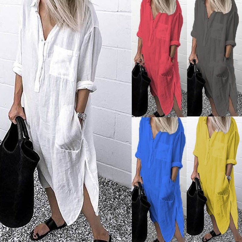 best Summer Shirt Long Dress Women Casual Long Sleeve Side Split Button Dresses 2023 Female Elegant Solid Color Pocket Loose Dresses 0 shop online at M2K Trends for