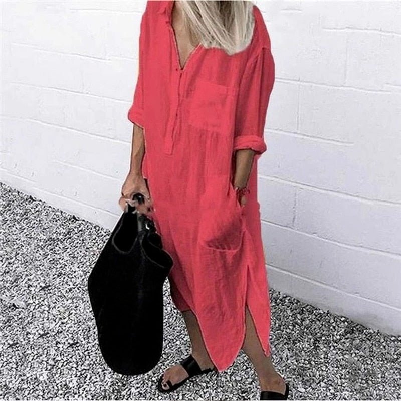 best Summer Shirt Long Dress Women Casual Long Sleeve Side Split Button Dresses 2023 Female Elegant Solid Color Pocket Loose Dresses 0 shop online at M2K Trends for