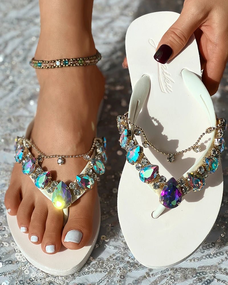 best Summer Shoes Fashion Casual Slipper Beach Wear Elegant 2023 Gem Stone Chain Decor Flip Flops Sandals shop online at M2K Trends for