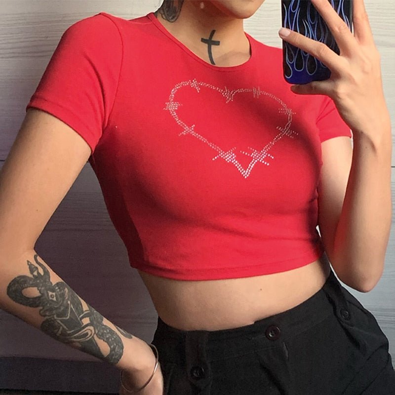 best Summer Tops Women Punk Vintage Rhinestone Cosmic Letters Tshirt Black Goth Clothes Harajuku O-neck Short Sleeve Crop Top T Shirt 0 shop online at M2K Trends for