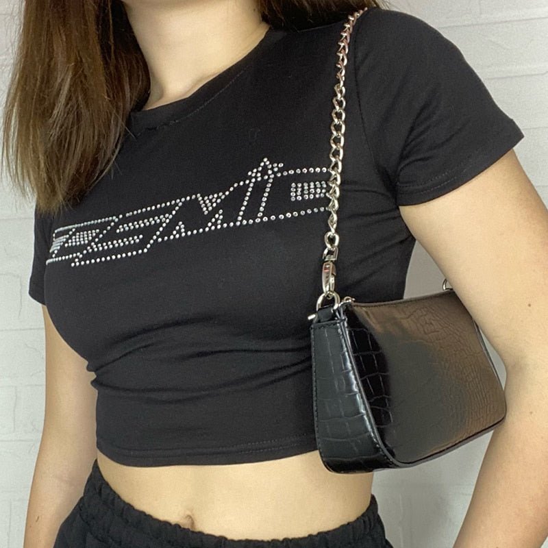 best Summer Tops Women Punk Vintage Rhinestone Cosmic Letters Tshirt Black Goth Clothes Harajuku O-neck Short Sleeve Crop Top T Shirt 0 shop online at M2K Trends for
