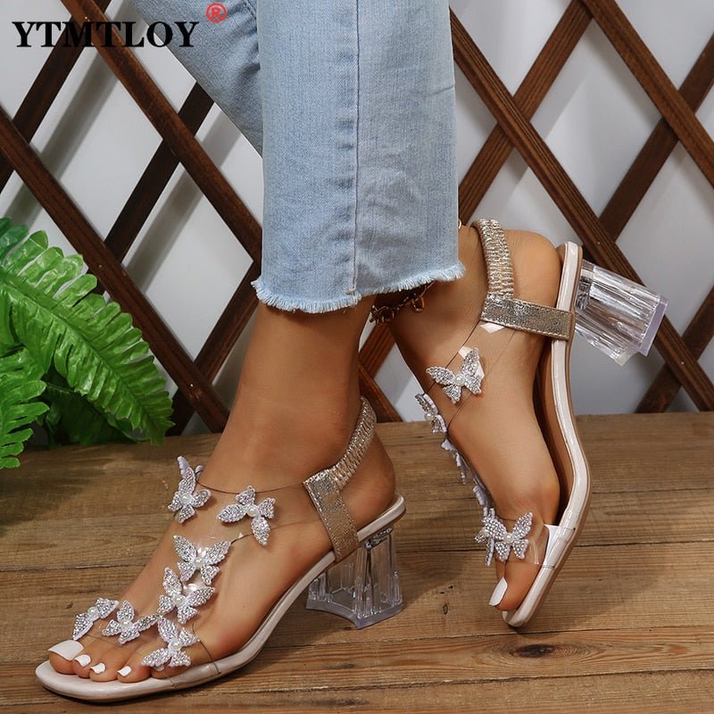 best Summer Women Sandals Pvc Crystal Flower Decoration Chunky Heel Peep Toe Back Strap Elastic Band Elegant Fashion Shoes Ladies 0 shop online at M2K Trends for