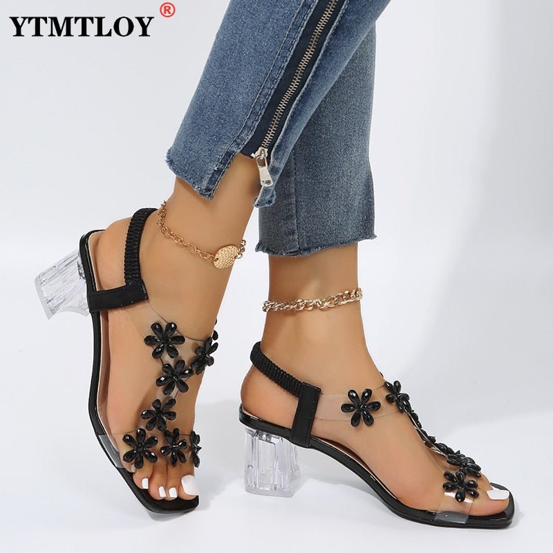 best Summer Women Sandals Pvc Crystal Flower Decoration Chunky Heel Peep Toe Back Strap Elastic Band Elegant Fashion Shoes Ladies 0 shop online at M2K Trends for
