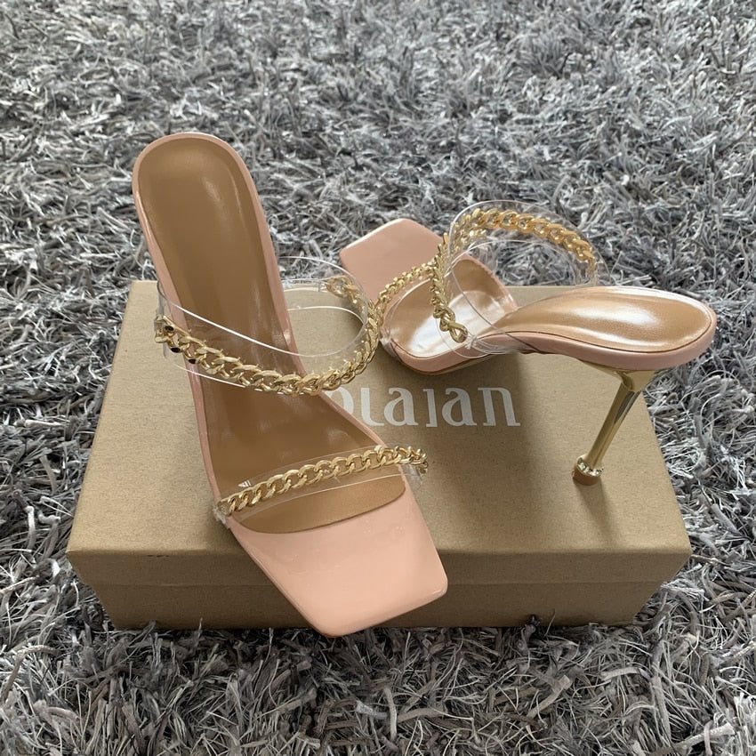 best Summer Women Sandals Square Toe Ladies Heel Mules Clear PVC Transparent High Heels Slippers Female Fashion Chain Shoes Woman 0 shop online at M2K Trends for