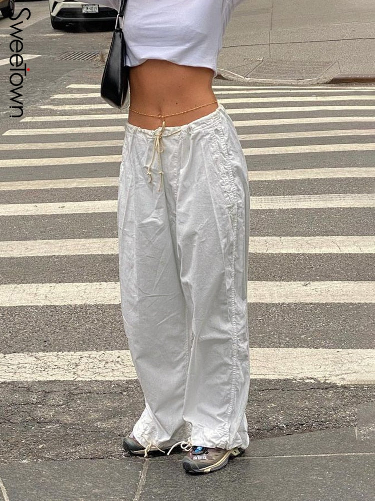 best Sweetown Casual Baggy Wide Leg Sweatpants White Loose Drawstring Low Waist Streetwear Cargo Pants Womens Hippie Joggers Trousers 0 shop online at M2K Trends for