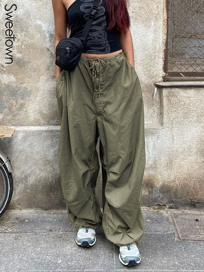 best Sweetown Casual Baggy Wide Leg Sweatpants White Loose Drawstring Low Waist Streetwear Cargo Pants Womens Hippie Joggers Trousers 0 shop online at M2K Trends for