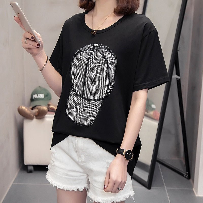 best T-shirts women 2022 summer new Fashion motion ball cap decoration Hot diamonds female clothes tees short sleeve tops Pullovers 0 shop online at M2K Trends for