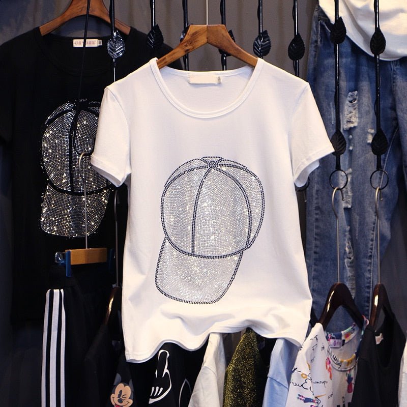best T-shirts women 2022 summer new Fashion motion ball cap decoration Hot diamonds female clothes tees short sleeve tops Pullovers 0 shop online at M2K Trends for
