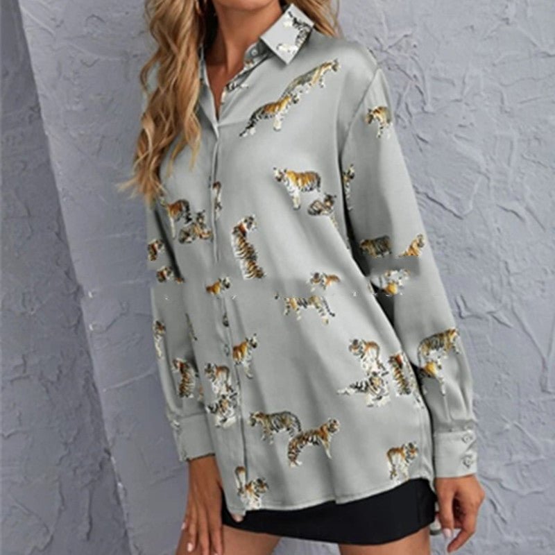 best Tiger Pattern Printed Long-Sleeved Shirt Top Women 0 shop online at M2K Trends for