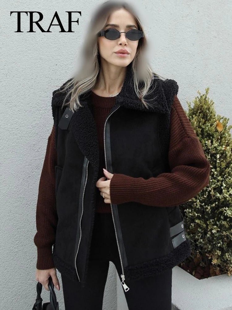 best TRAF 2023 Winter Fashion Lamb Wool Women's Warm Thickened Oversized Vest Traf Sleeveless Loose Jacket Women's Short Top Vest shop online at M2K Trends for