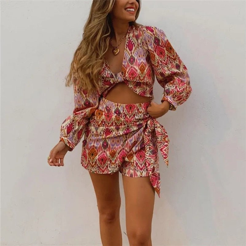 best TRAF Women Sets Print Skirt Shorts Woman Floral Top Female Long Sleeve Knot Crop Top Summer Suits Vintage High Waist Shorts 0 shop online at M2K Trends for