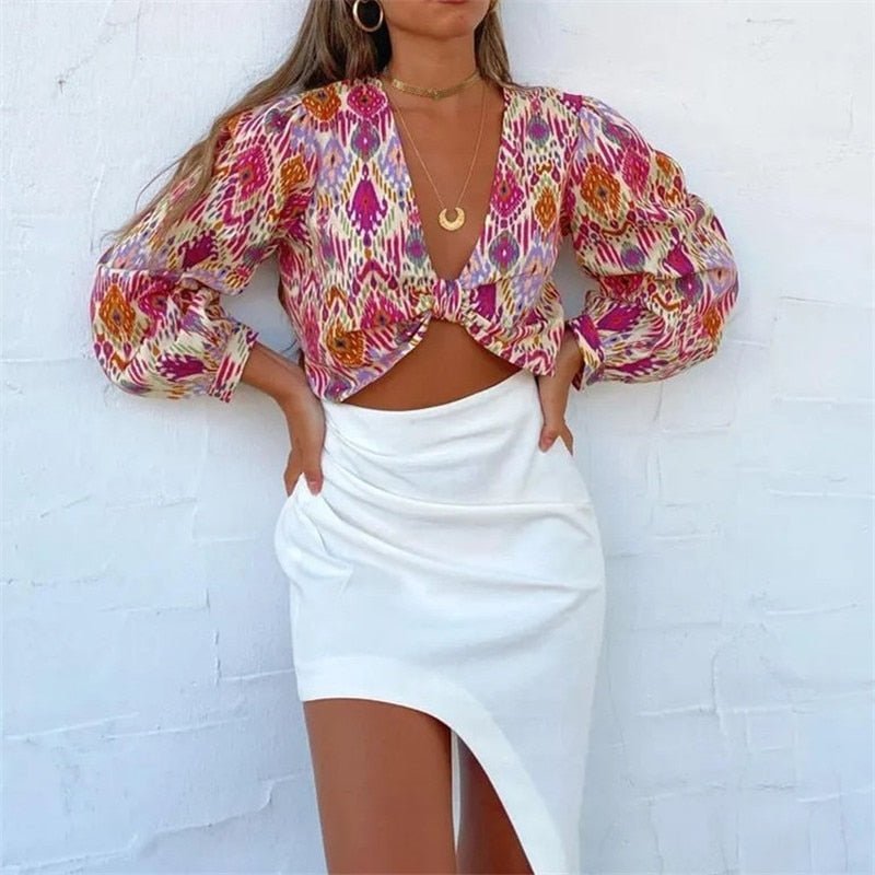 best TRAF Women Sets Print Skirt Shorts Woman Floral Top Female Long Sleeve Knot Crop Top Summer Suits Vintage High Waist Shorts 0 shop online at M2K Trends for