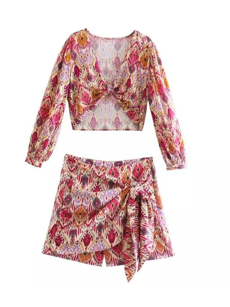 best TRAF Women Sets Print Skirt Shorts Woman Floral Top Female Long Sleeve Knot Crop Top Summer Suits Vintage High Waist Shorts 0 shop online at M2K Trends for