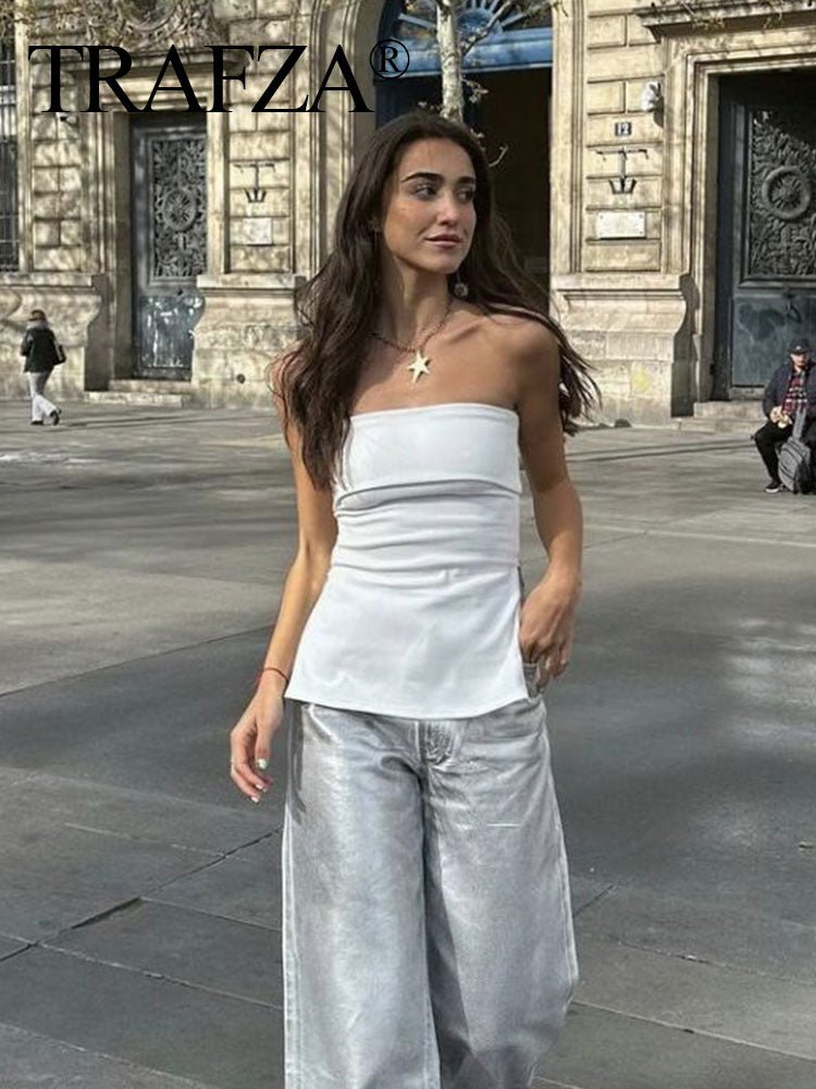best TRAFZA 2023 Women's Strapless Tube Corset Side Zipper Tops Solid Vintage Off Shoulder Lady Sexy Slim Backless Bustiers Tops 0 shop online at M2K Trends for