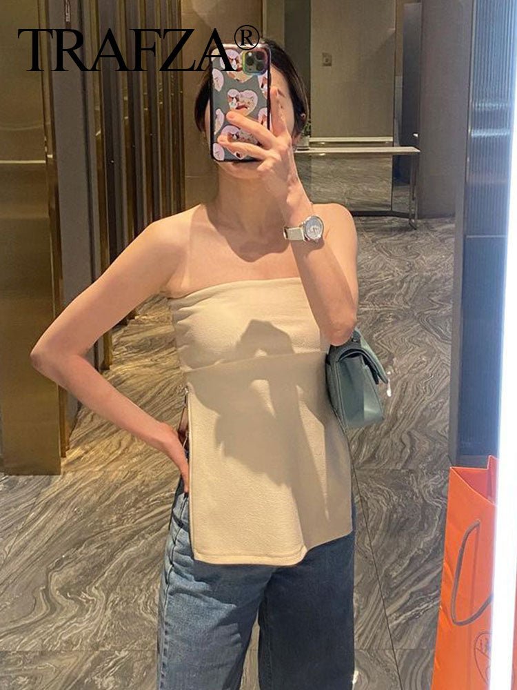 best TRAFZA 2023 Women's Strapless Tube Corset Side Zipper Tops Solid Vintage Off Shoulder Lady Sexy Slim Backless Bustiers Tops 0 shop online at M2K Trends for
