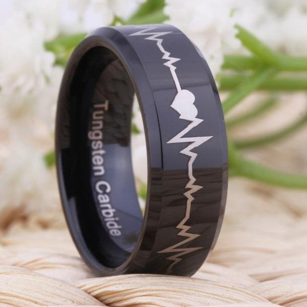 best Tungsten 8mm Heartbeat Wedding Rings shop online at M2K Trends for sport rings