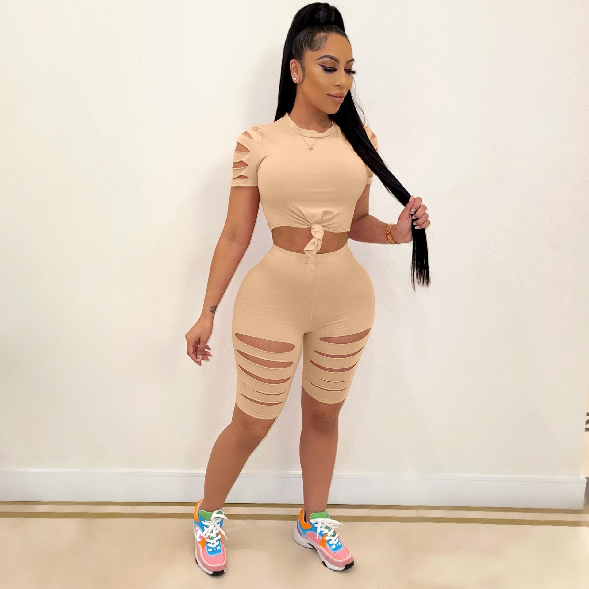 best Two Piece Set Tracksuit Summer Women Casual Home Skinny Sexy Hollow Out Short Sleeve Top and Pants Shorts Suit Sweatsuit Outfits 0 shop online at M2K Trends for