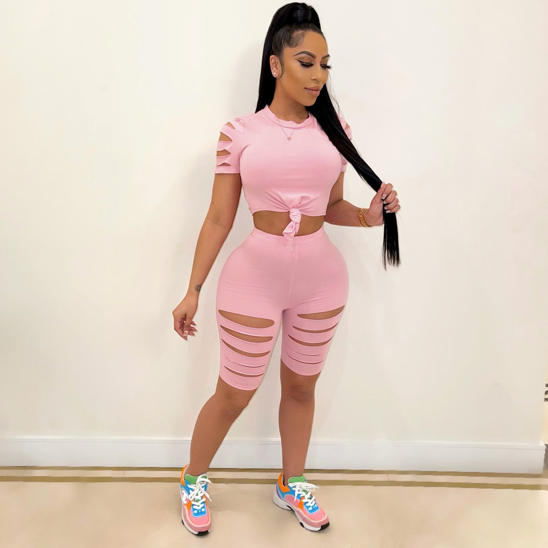 best Two Piece Set Tracksuit Summer Women Casual Home Skinny Sexy Hollow Out Short Sleeve Top and Pants Shorts Suit Sweatsuit Outfits 0 shop online at M2K Trends for