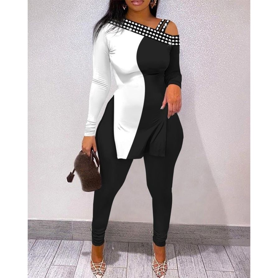 best Two Piece Sets Womens Outifits Colorblock Rhinestone Cold Shoulder Long Sleeve Top &amp; Casual Skinny Pants Set Autumn 2022 blouse shop online at M2K Trends for