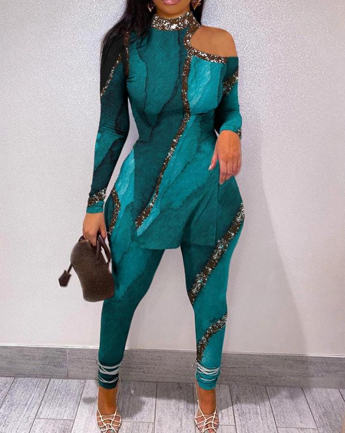 best Two Piece Sets Womens Outifits Colorblock Rhinestone Cold Shoulder Long Sleeve Top &amp; Casual Skinny Pants Set Autumn 2022 blouse shop online at M2K Trends for