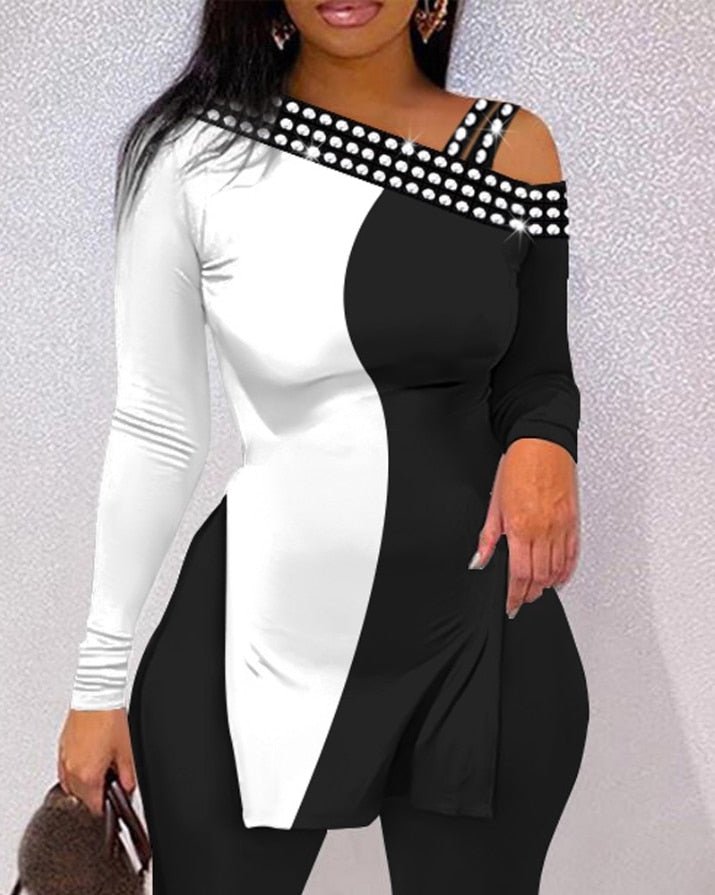 best Two Piece Sets Womens Outifits Colorblock Rhinestone Cold Shoulder Long Sleeve Top &amp; Casual Skinny Pants Set Autumn 2022 blouse shop online at M2K Trends for