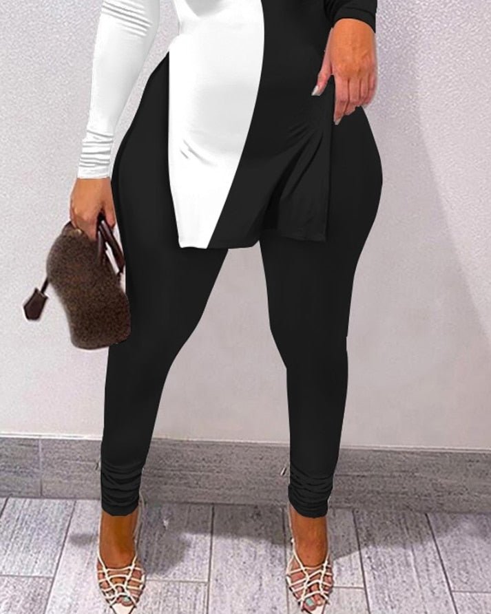 best Two Piece Sets Womens Outifits Colorblock Rhinestone Cold Shoulder Long Sleeve Top &amp; Casual Skinny Pants Set Autumn 2022 blouse shop online at M2K Trends for