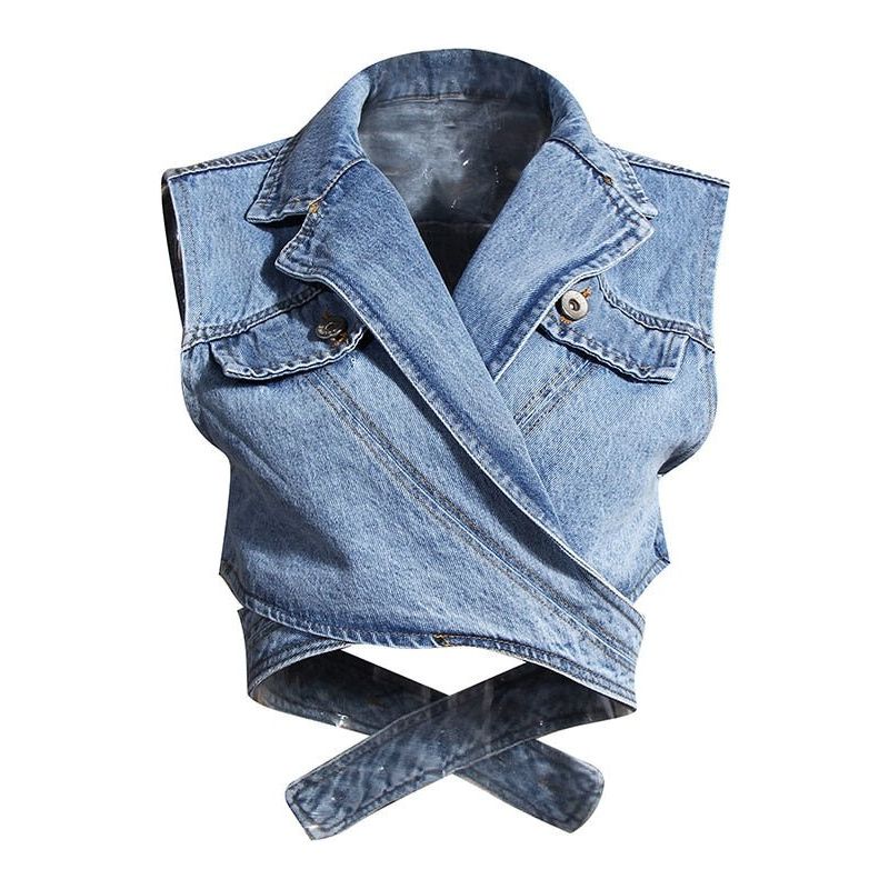 best TWOTWINSTYLE Irregular Cross Denim Coat For Women High Waist Hollow Out Casual Short Tops Female 2020 Summer Fashion New Style 0 shop online at M2K Trends for