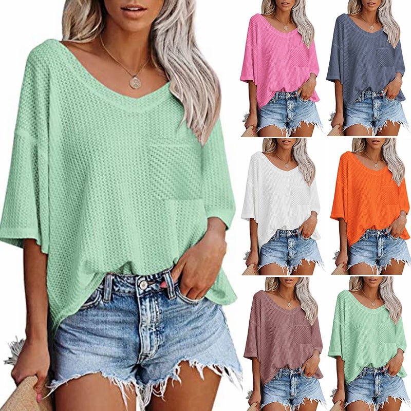 best V-neck Shirts Women Summer Short Sleeve Green Tops With Patched Pocket Clothing shop online at M2K Trends for