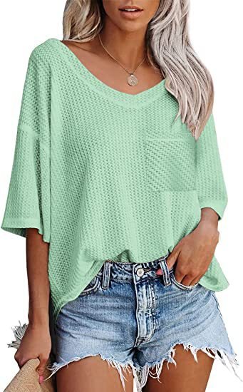 best V-neck Shirts Women Summer Short Sleeve Green Tops With Patched Pocket Clothing shop online at M2K Trends for