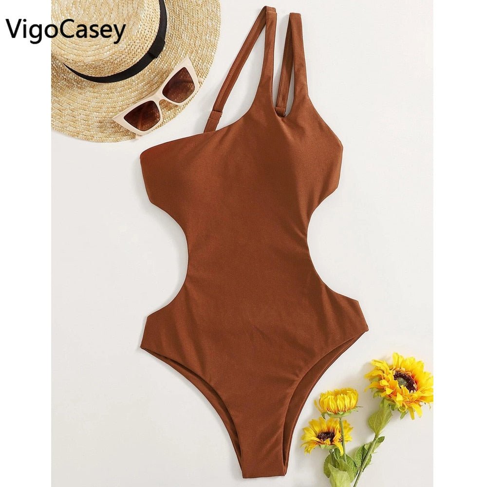 best VigorCasey 2023 Solid One Shoulder Swimwear Women Sexy High Waist Hollow One Piece Swimsuit Monokini Backless Beach Bathing Suit 0 shop online at M2K Trends for