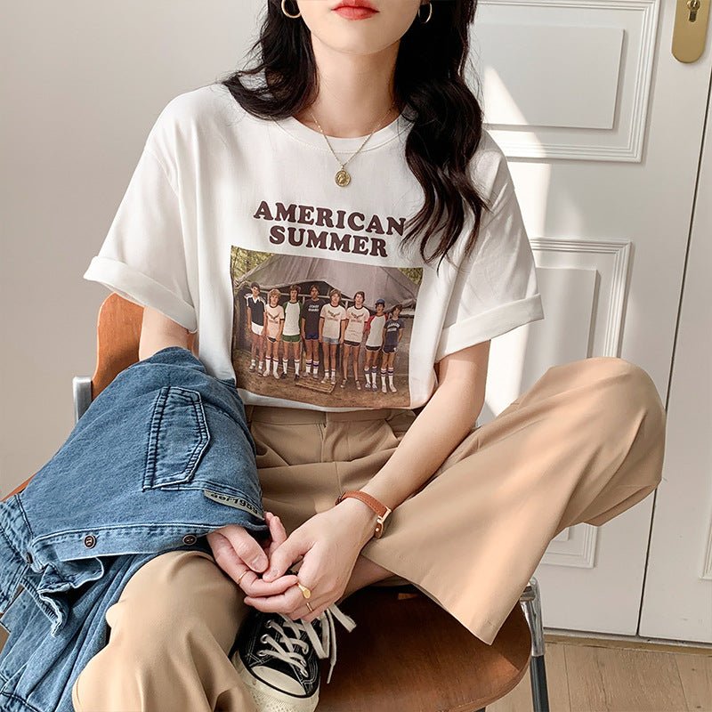 best Vintage Print Crew Neck Oversized Loose Half Sleeve TShirt T-Shirt shop online at M2K Trends for