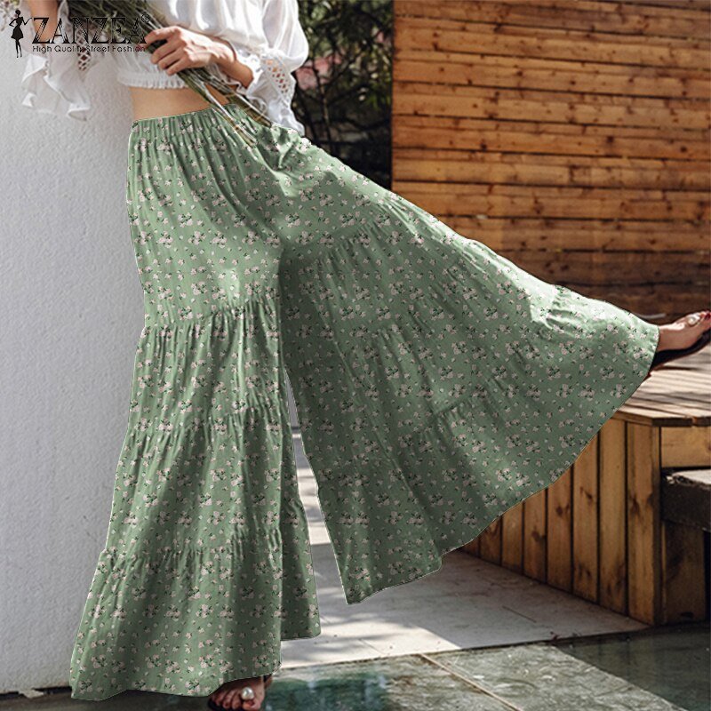 best Vintage Women's Wide Leg Trousers ZANZEA 2023 Solid Pants Casual Elastic Waist Long Pantalon Palazzo Female Turnip 0 shop online at M2K Trends for