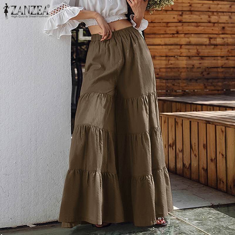 best Vintage Women's Wide Leg Trousers ZANZEA 2023 Solid Pants Casual Elastic Waist Long Pantalon Palazzo Female Turnip 0 shop online at M2K Trends for