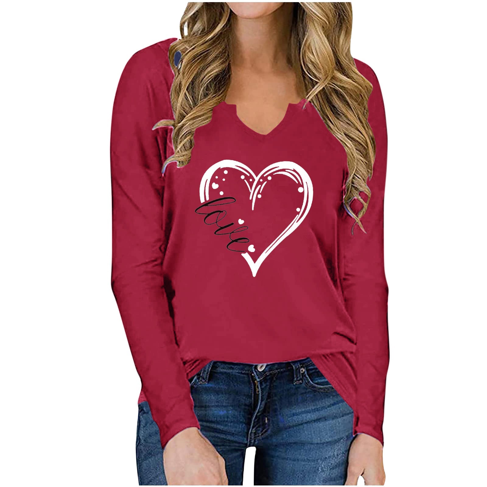 best Vneck Valentines Day Printed Tshirt Cross-border Longsleeved Loose Top T-Shirt shop online at M2K Trends for