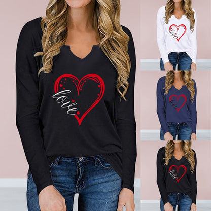 best Vneck Valentines Day Printed Tshirt Cross-border Longsleeved Loose Top T-Shirt shop online at M2K Trends for