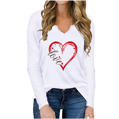 best Vneck Valentines Day Printed Tshirt Cross-border Longsleeved Loose Top T-Shirt shop online at M2K Trends for