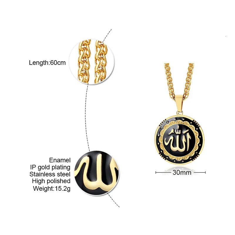 best Vnox Men Religious Round Allah Pendant Necklaces Gold Color Stainless Steel Islamic Jewelry Free Chain 24" shop online at M2K Trends for