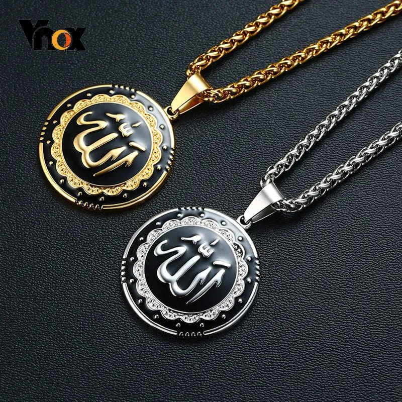 best Vnox Men Religious Round Allah Pendant Necklaces Gold Color Stainless Steel Islamic Jewelry Free Chain 24" shop online at M2K Trends for