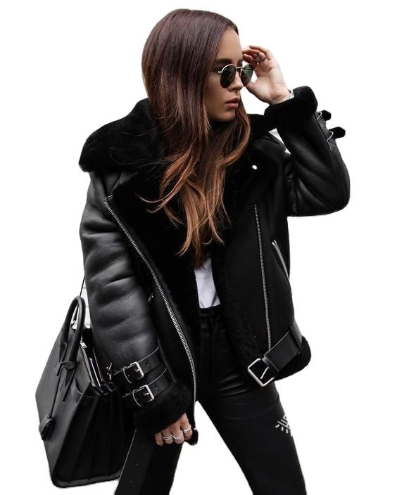 best Warm Thicken Overcoat Winter Shearling Collar Leather Jacket Women Zipper Streetwear Coat Jackets & Coats shop online at M2K Trends for Warm Thicken Overcoat Winter Shearling Collar Leather Jacket Women Zipper Streetwear Coat