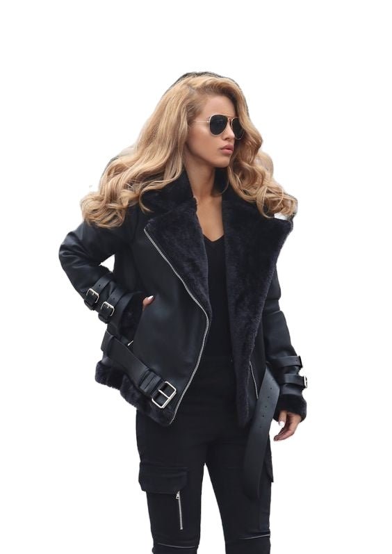 best Warm Thicken Overcoat Winter Shearling Collar Leather Jacket Women Zipper Streetwear Coat Jackets & Coats shop online at M2K Trends for Warm Thicken Overcoat Winter Shearling Collar Leather Jacket Women Zipper Streetwear Coat