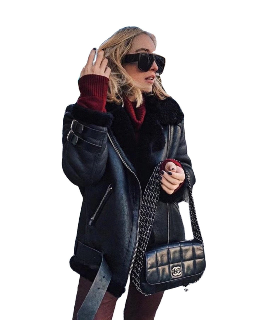 best Warm Thicken Overcoat Winter Shearling Collar Leather Jacket Women Zipper Streetwear Coat Jackets & Coats shop online at M2K Trends for Warm Thicken Overcoat Winter Shearling Collar Leather Jacket Women Zipper Streetwear Coat