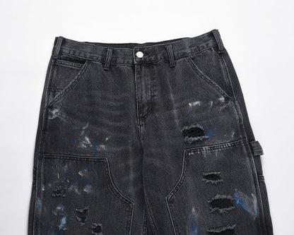 best Washed Ink Splattered Ripped Black Zip-Up Jeans 0 shop online at M2K Trends for